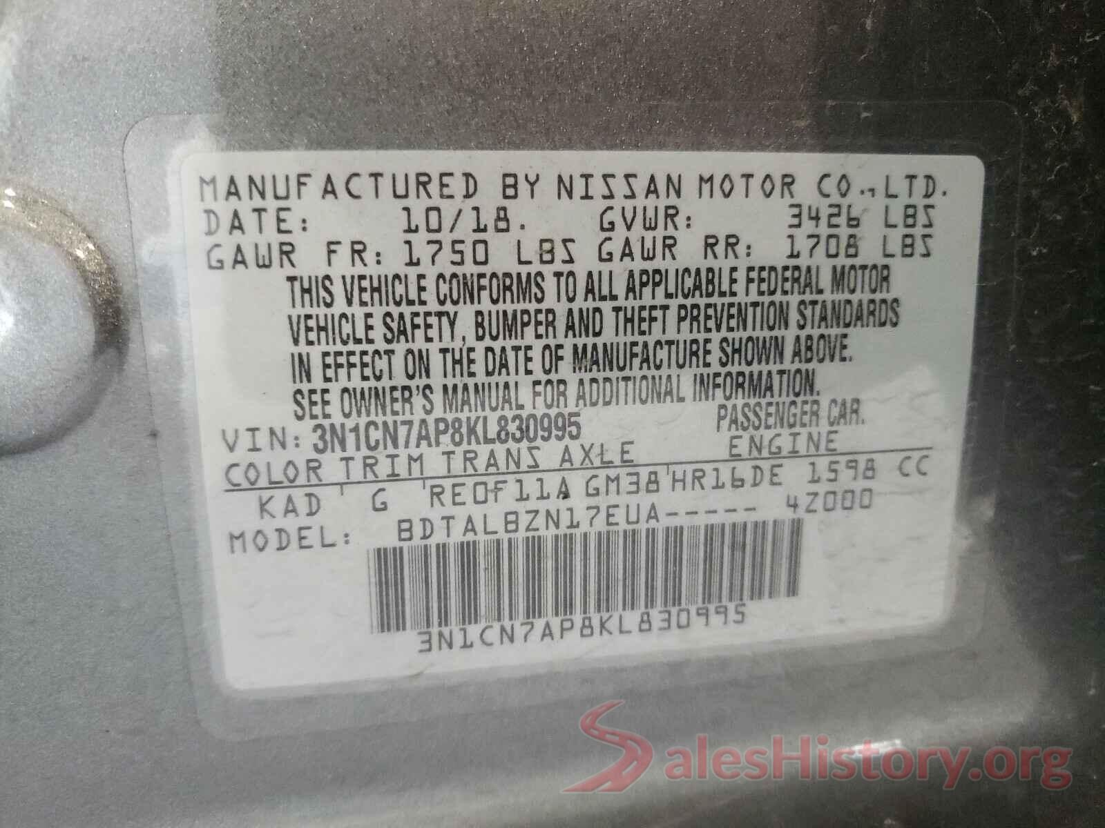 3N1CN7AP8KL830995 2019 NISSAN VERSA