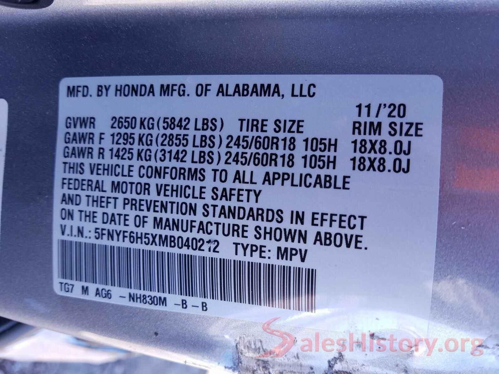 5FNYF6H5XMB040212 2021 HONDA PILOT