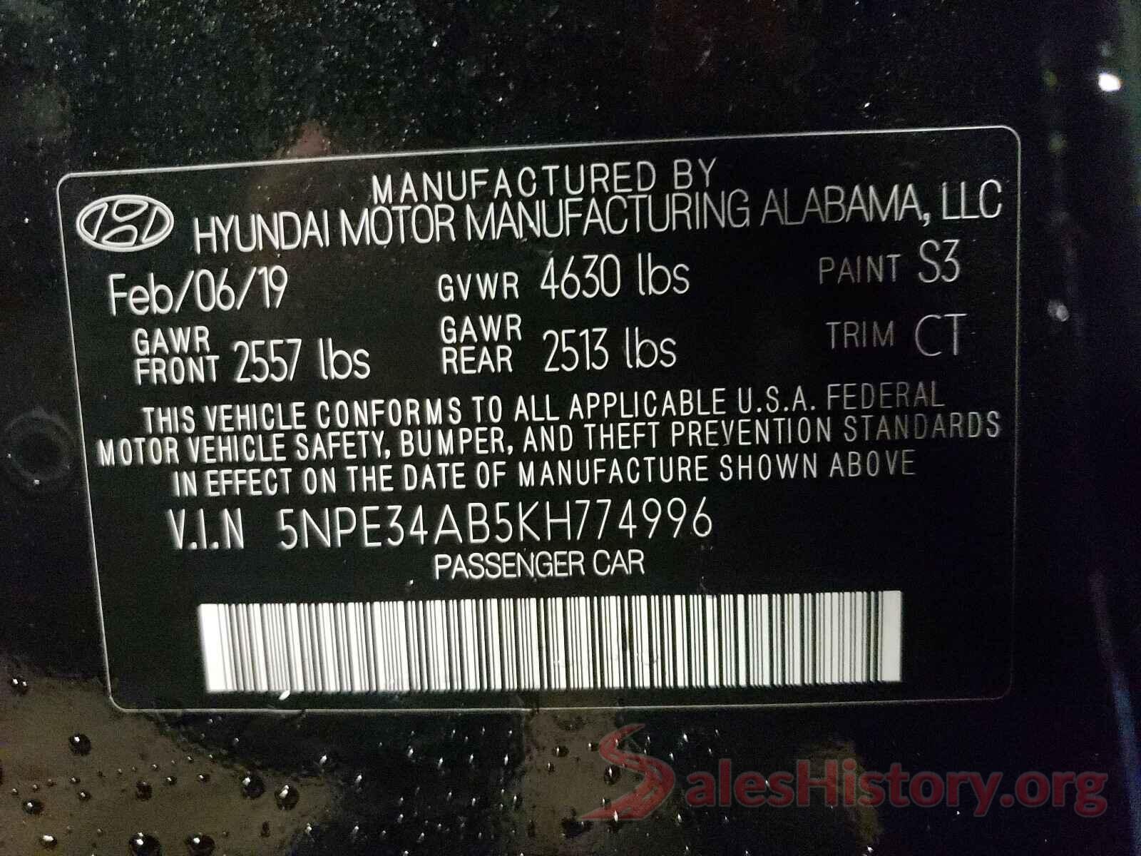 5NPE34AB5KH774996 2019 HYUNDAI SONATA