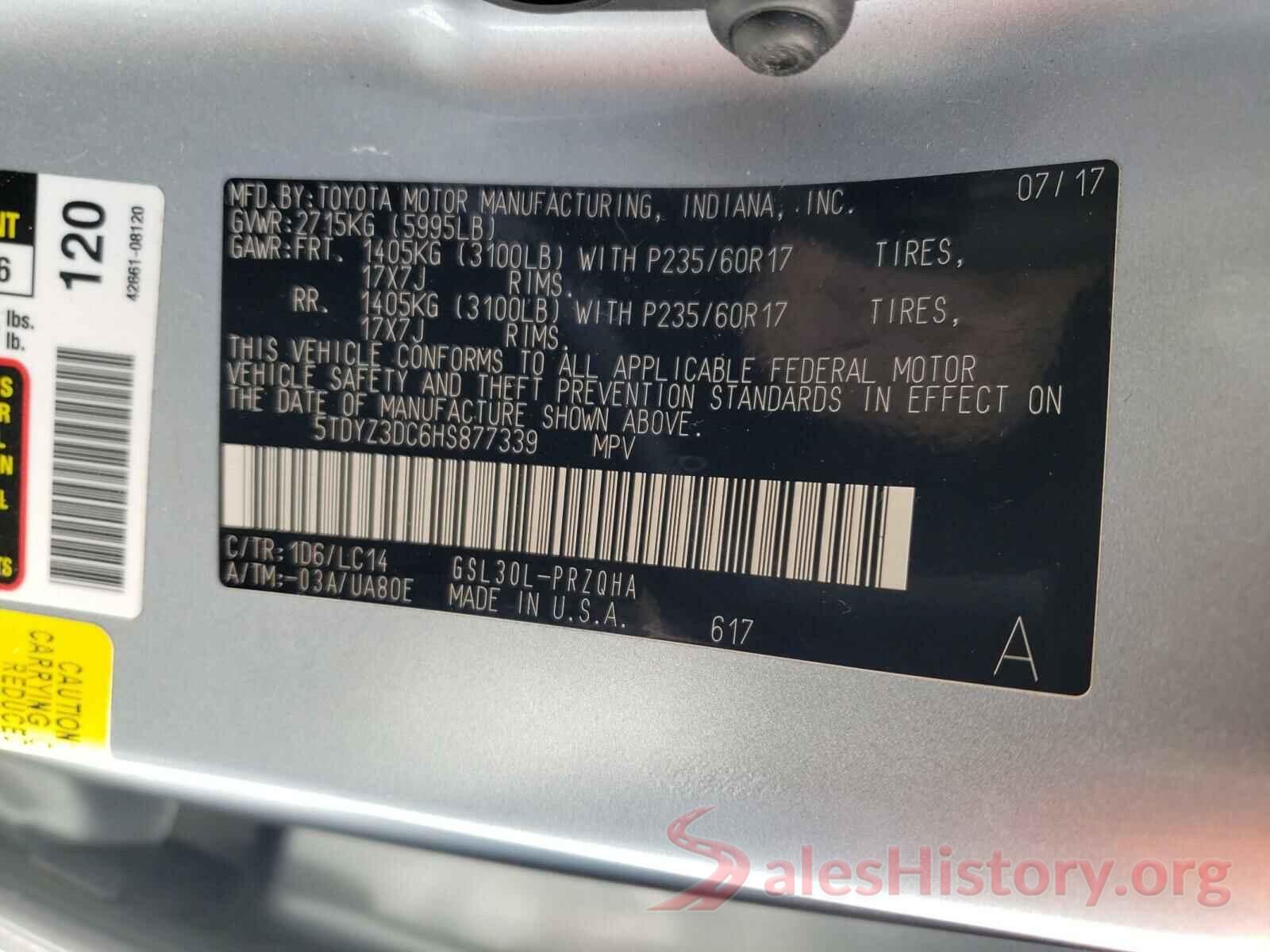 5TDYZ3DC6HS877339 2017 TOYOTA SIENNA