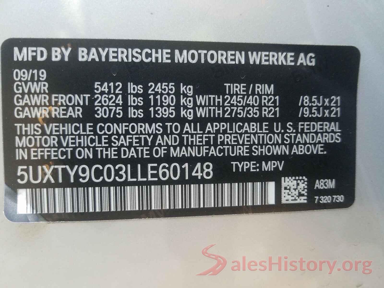 5UXTY9C03LLE60148 2020 BMW X3