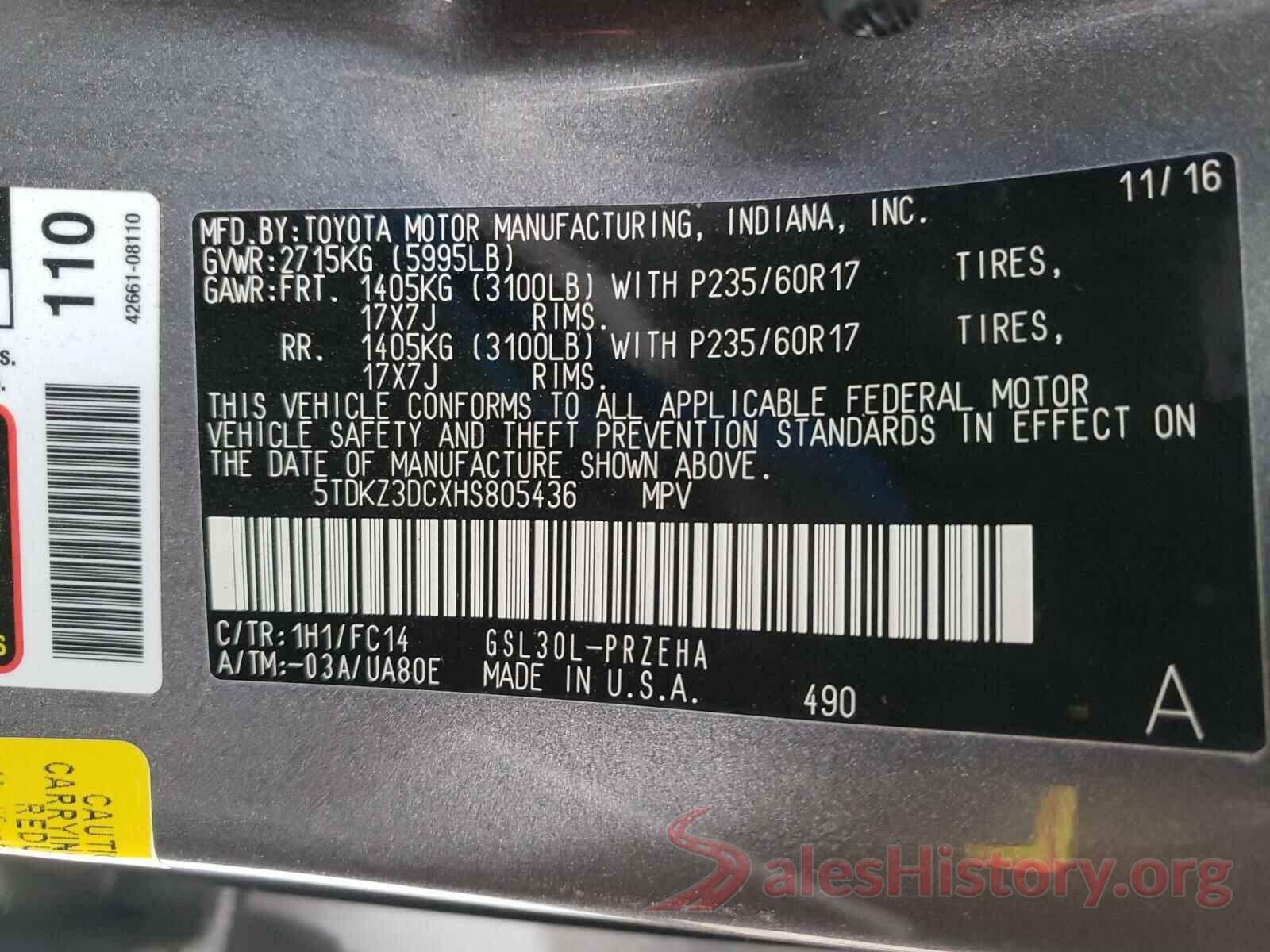 5TDKZ3DCXHS805436 2017 TOYOTA SIENNA