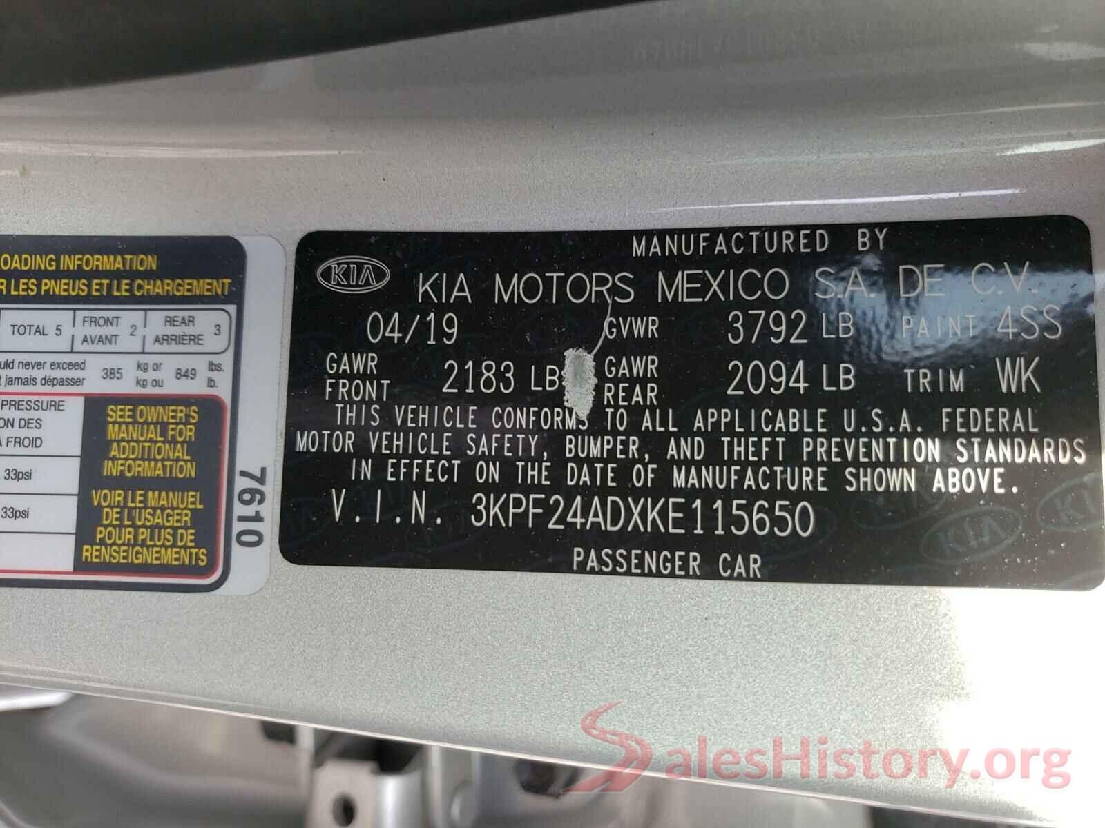 3KPF24ADXKE115650 2019 KIA FORTE