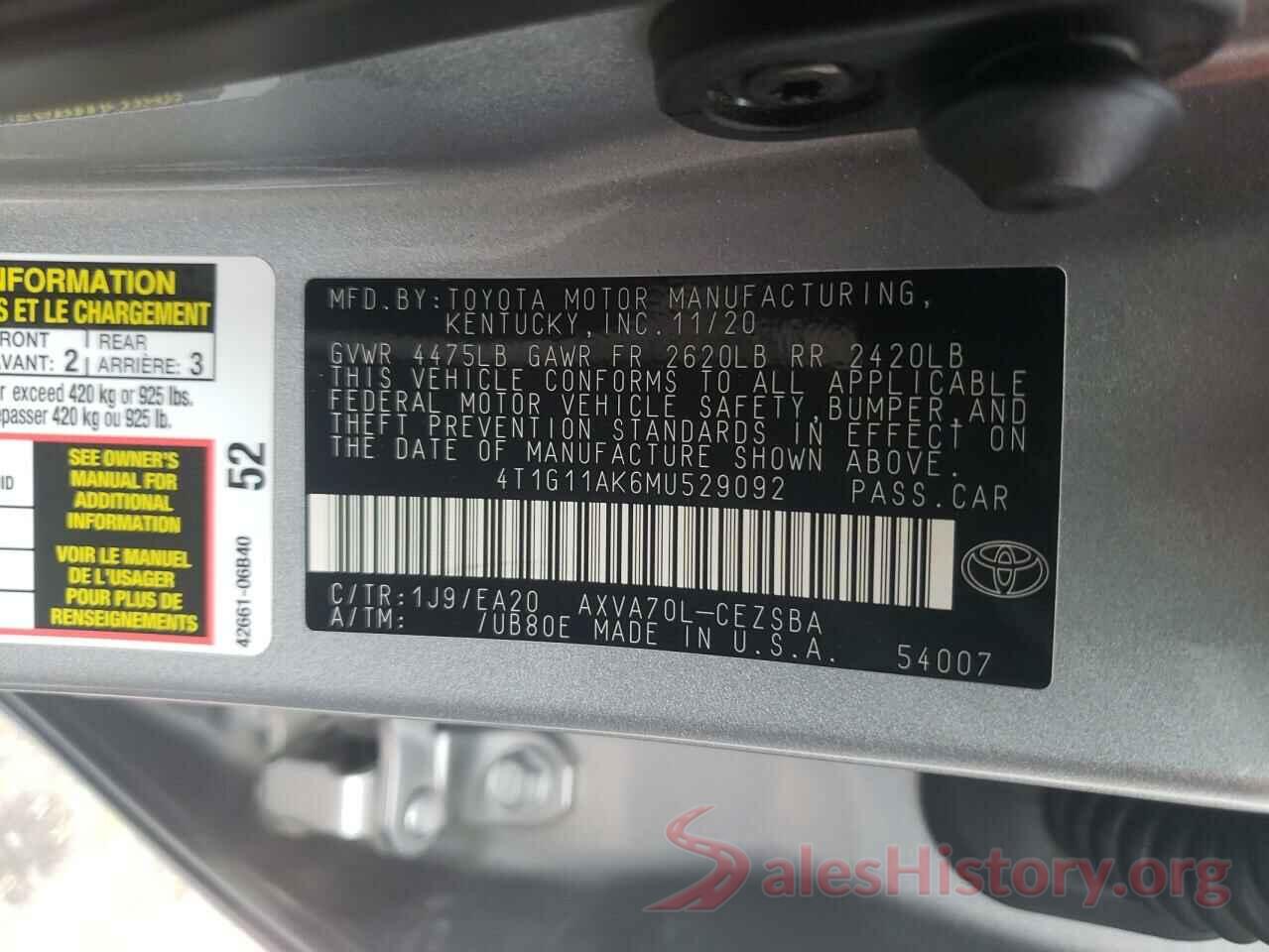 4T1G11AK6MU529092 2021 TOYOTA CAMRY