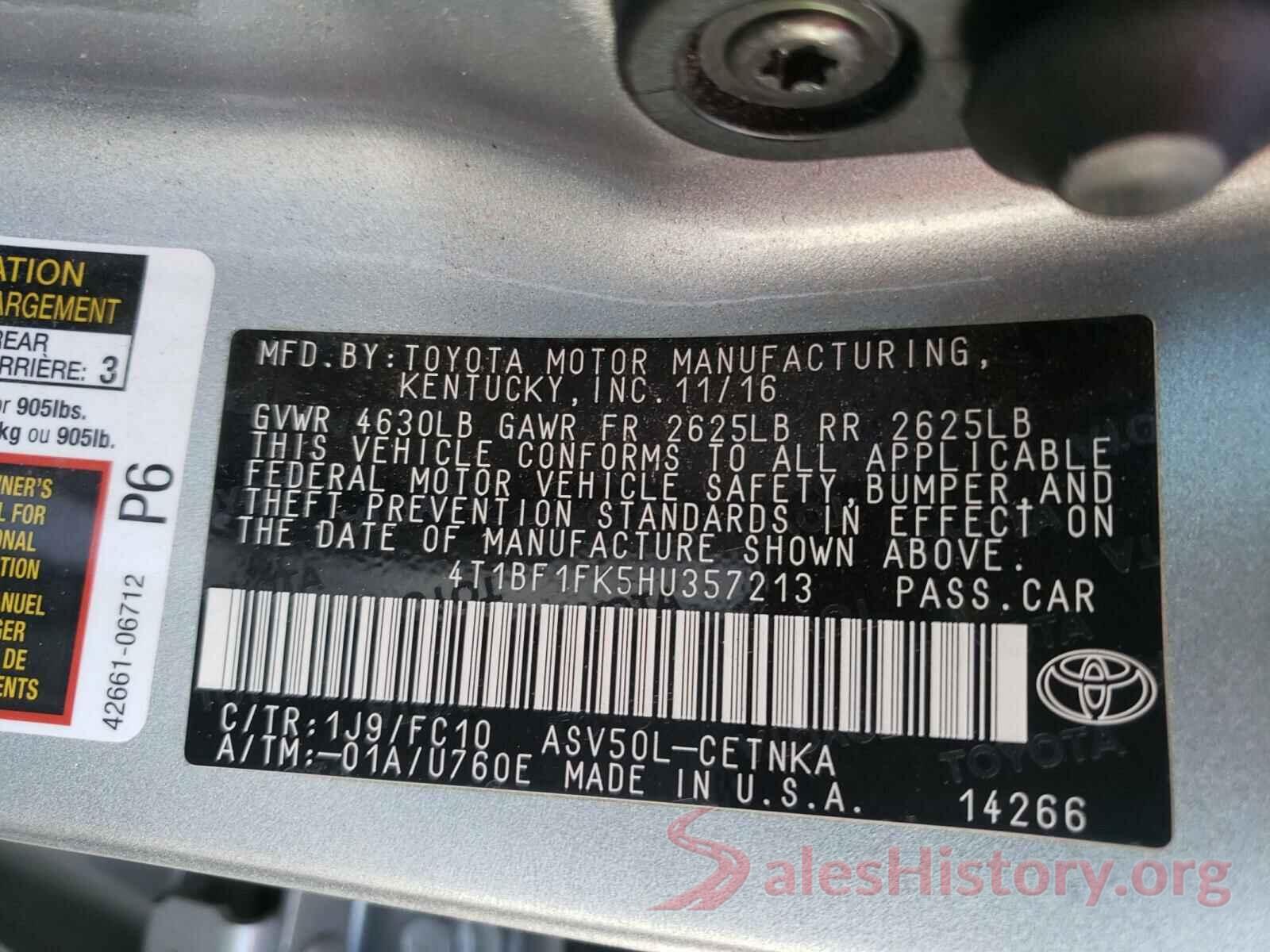 4T1BF1FK5HU357213 2017 TOYOTA CAMRY