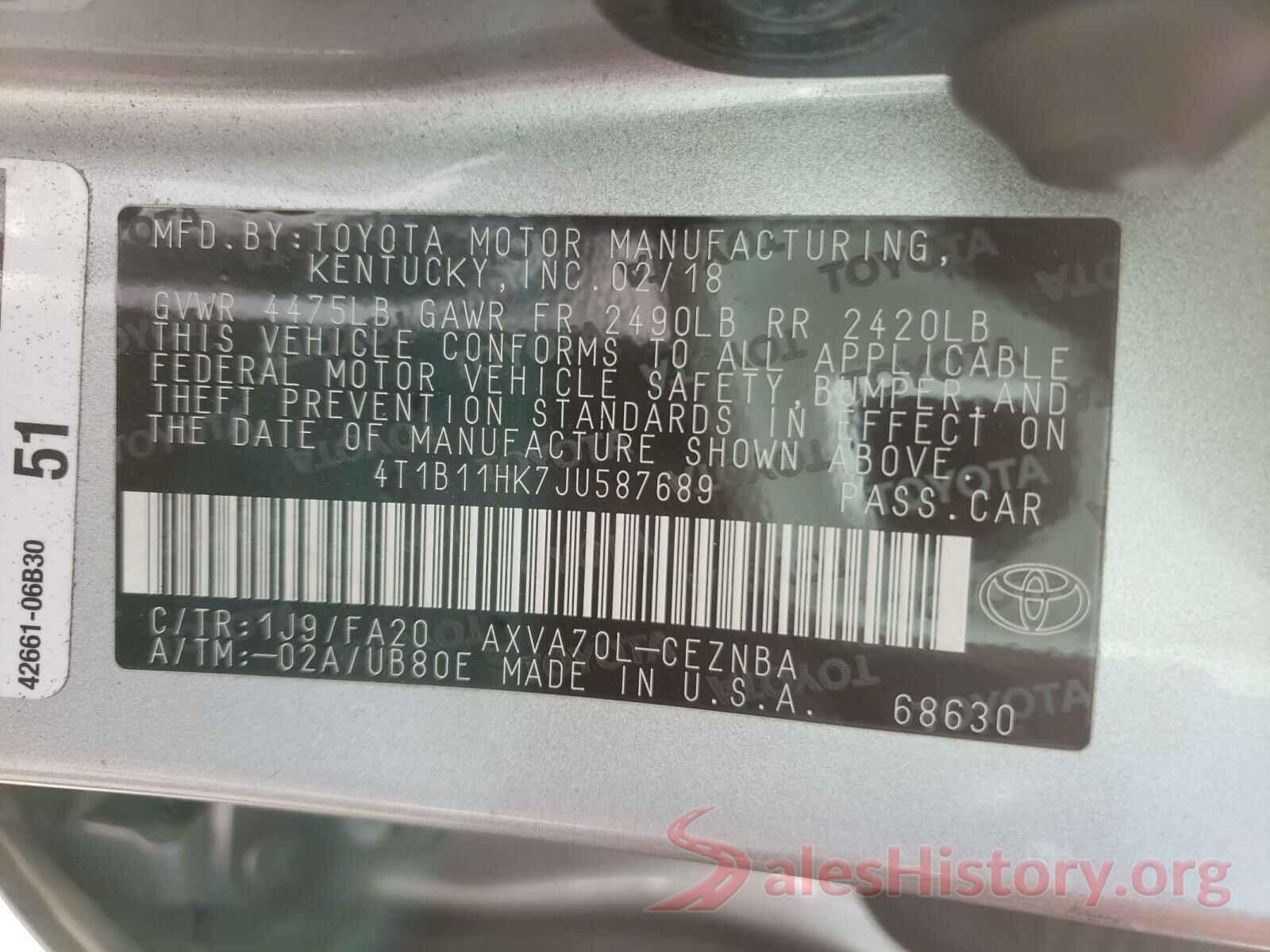 4T1B11HK7JU587689 2018 TOYOTA CAMRY