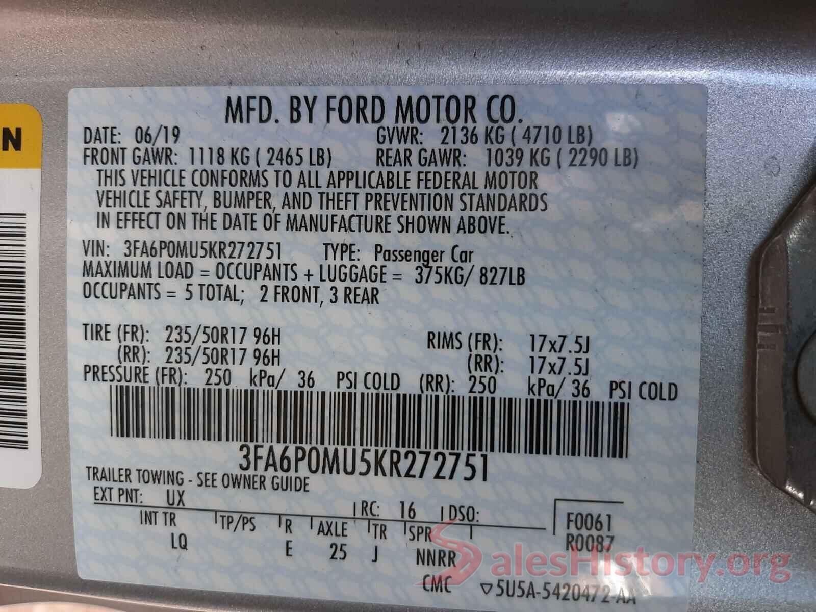 3FA6P0MU5KR272751 2019 FORD FUSION