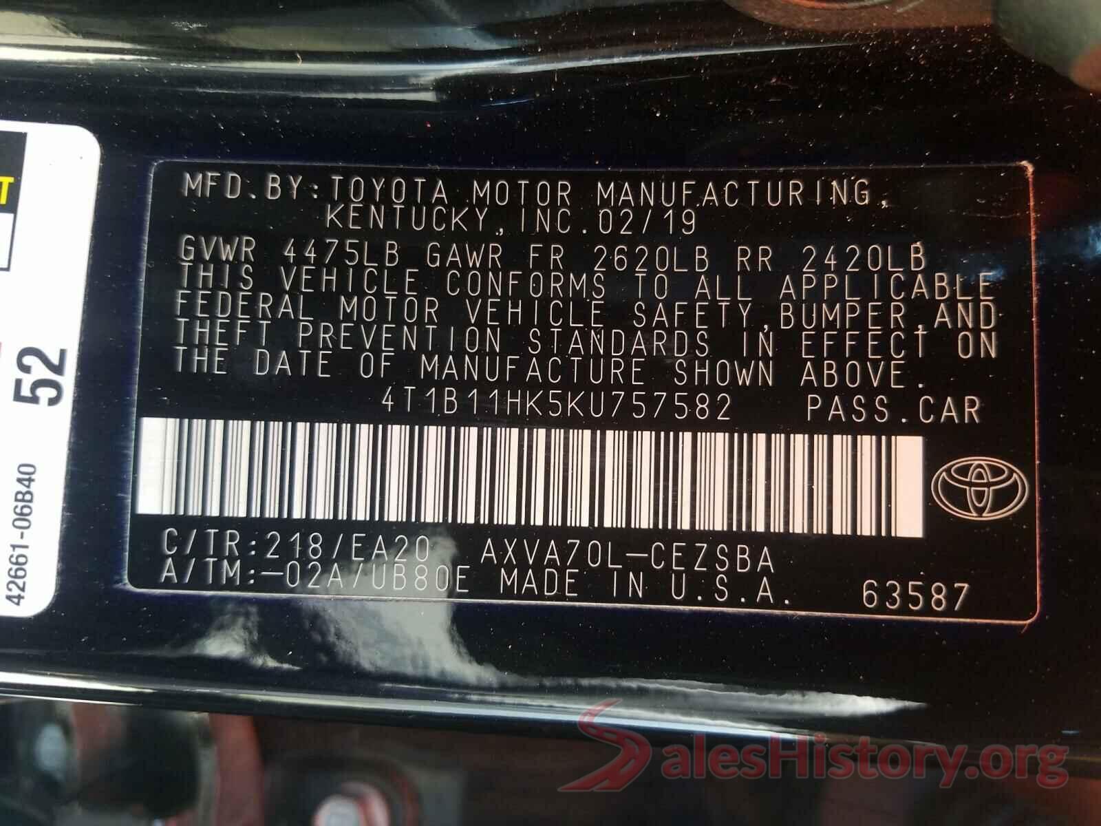 4T1B11HK5KU757582 2019 TOYOTA CAMRY