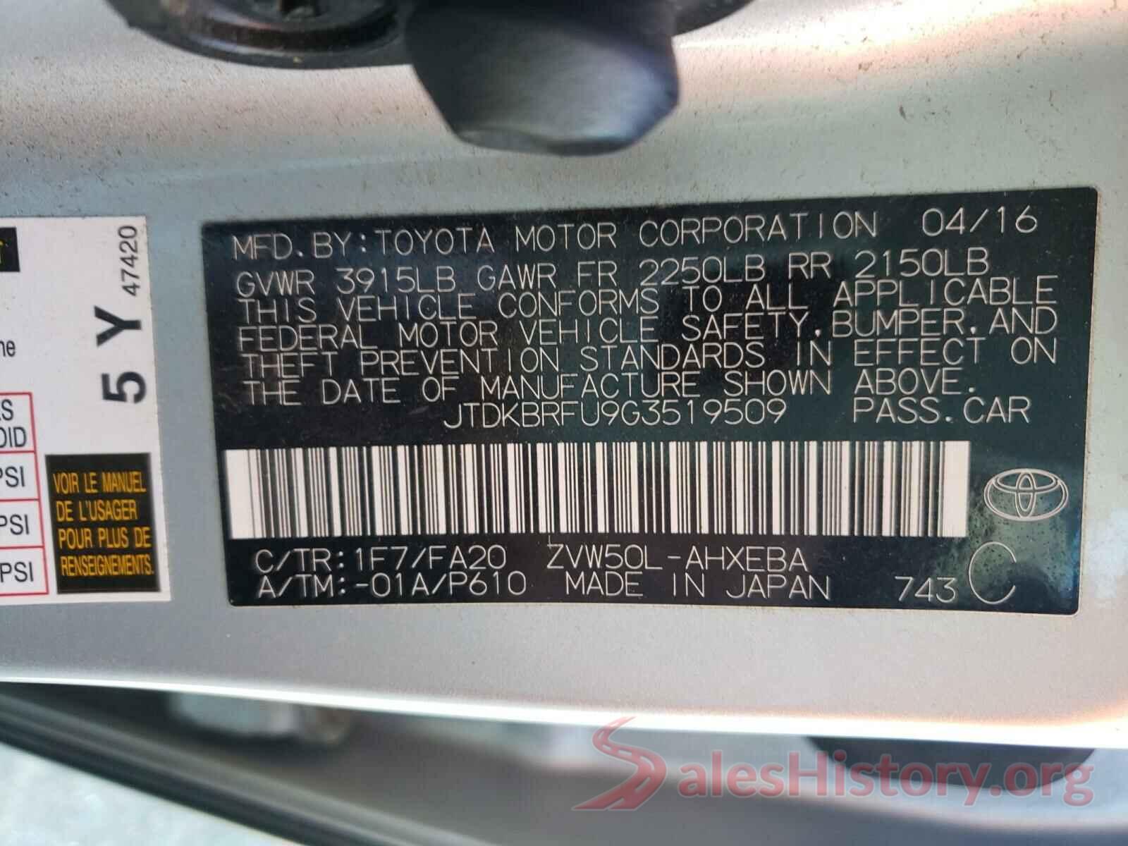 JTDKBRFU9G3519509 2016 TOYOTA PRIUS