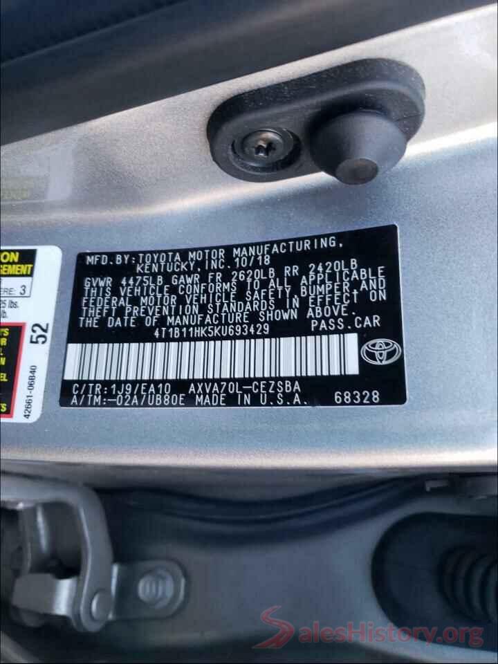 4T1B11HK5KU693429 2019 TOYOTA CAMRY