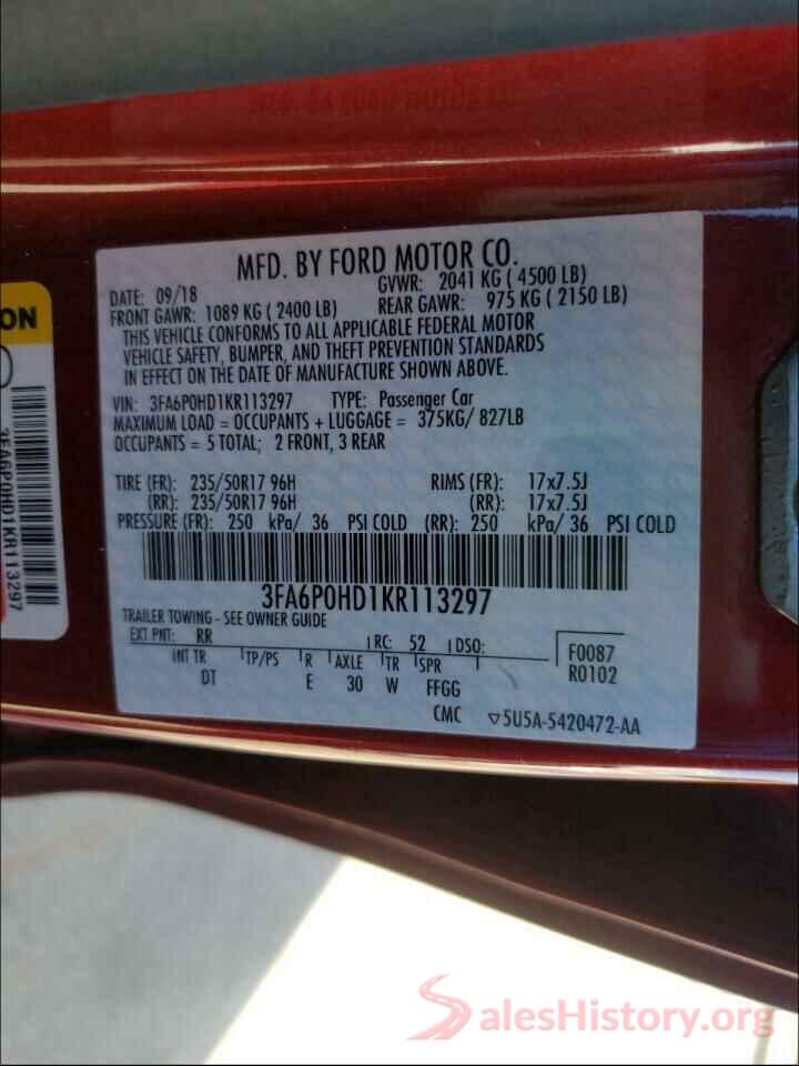 3FA6P0HD1KR113297 2019 FORD FUSION