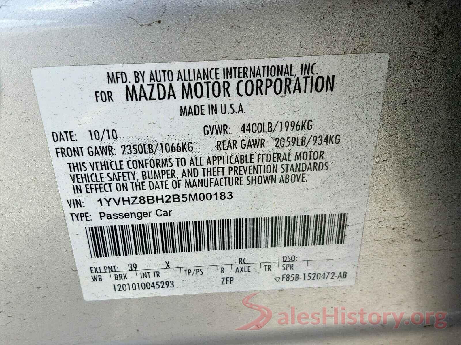 1YVHZ8BH2B5M00183 2011 MAZDA 6