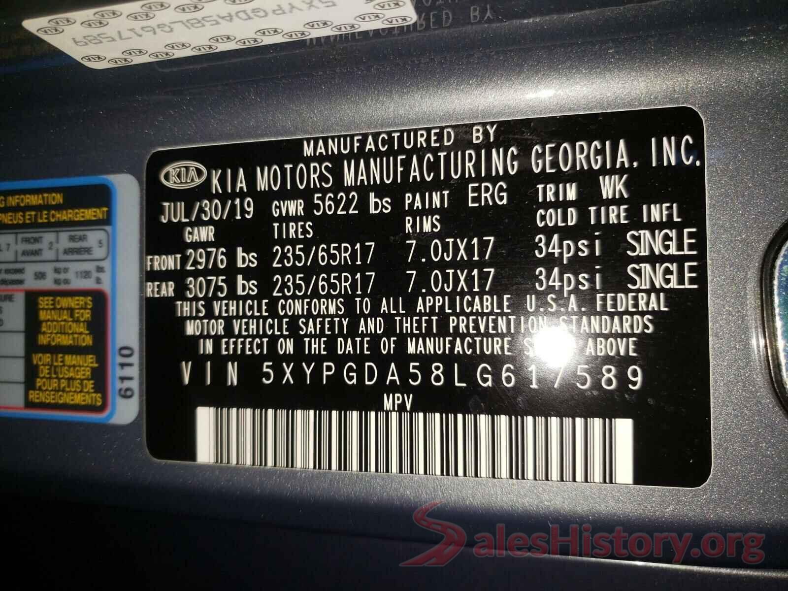 5XYPGDA58LG617589 2020 KIA SORENTO