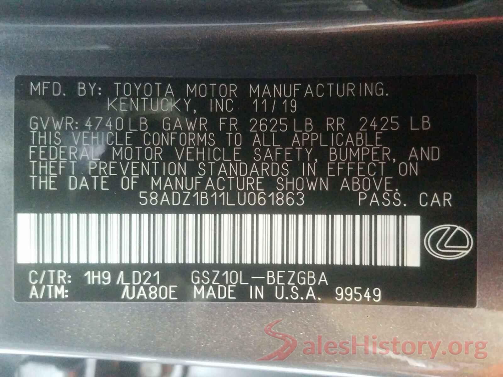 58ADZ1B11LU061863 2020 LEXUS ES350