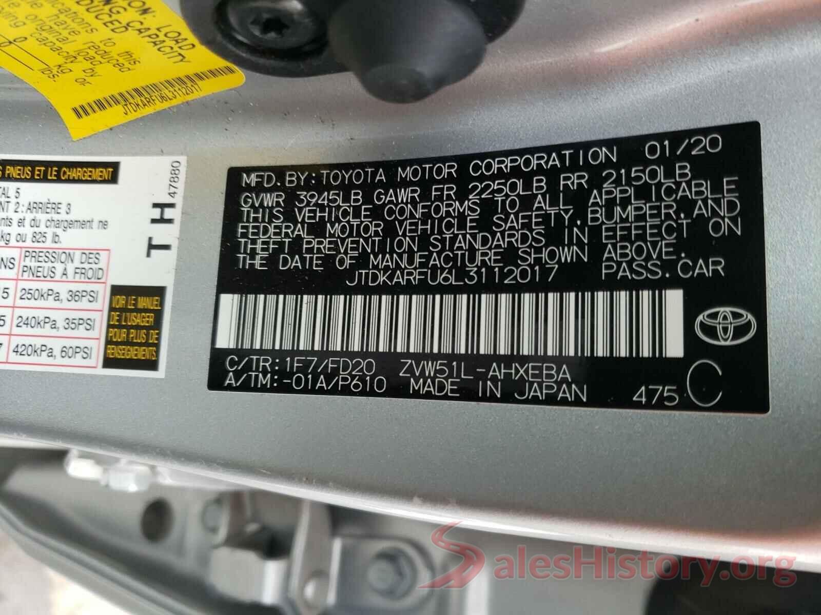 JTDKARFU6L3112017 2020 TOYOTA PRIUS