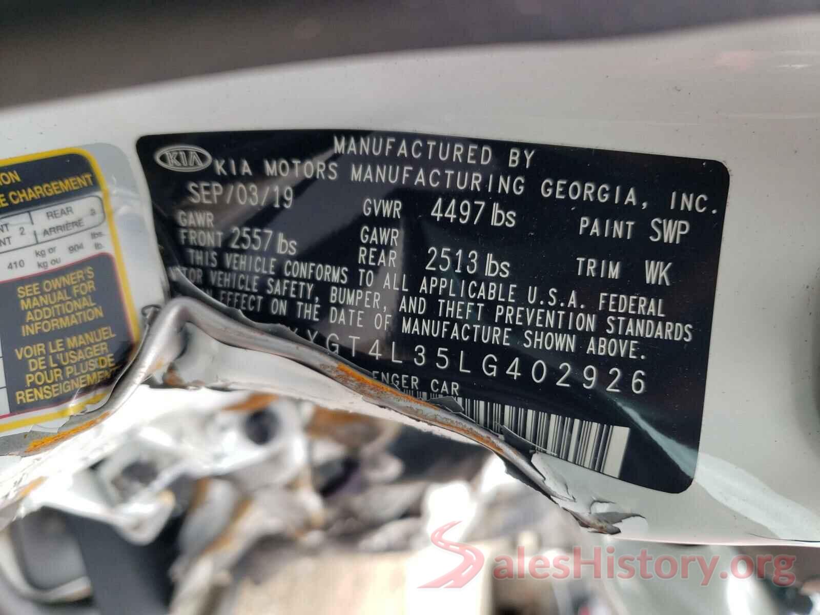 5XXGT4L35LG402926 2020 KIA OPTIMA