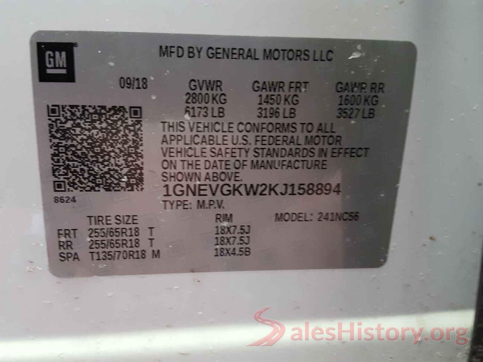 1GNEVGKW2KJ158894 2019 CHEVROLET TRAVERSE