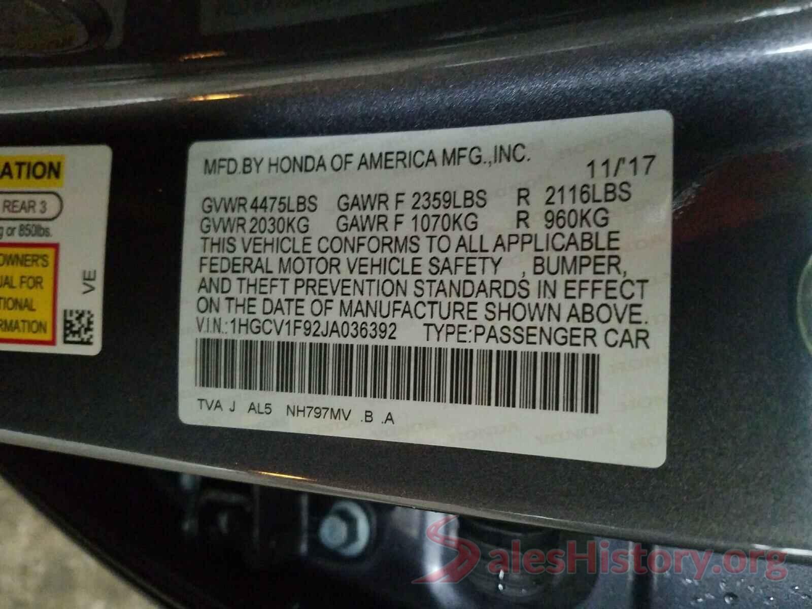 1HGCV1F92JA036392 2018 HONDA ACCORD