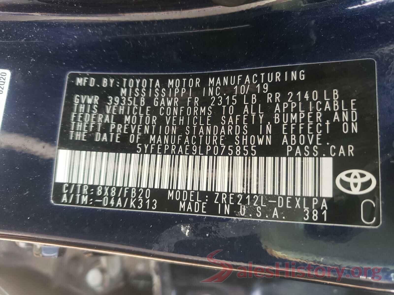 5YFEPRAE9LP075855 2020 TOYOTA COROLLA