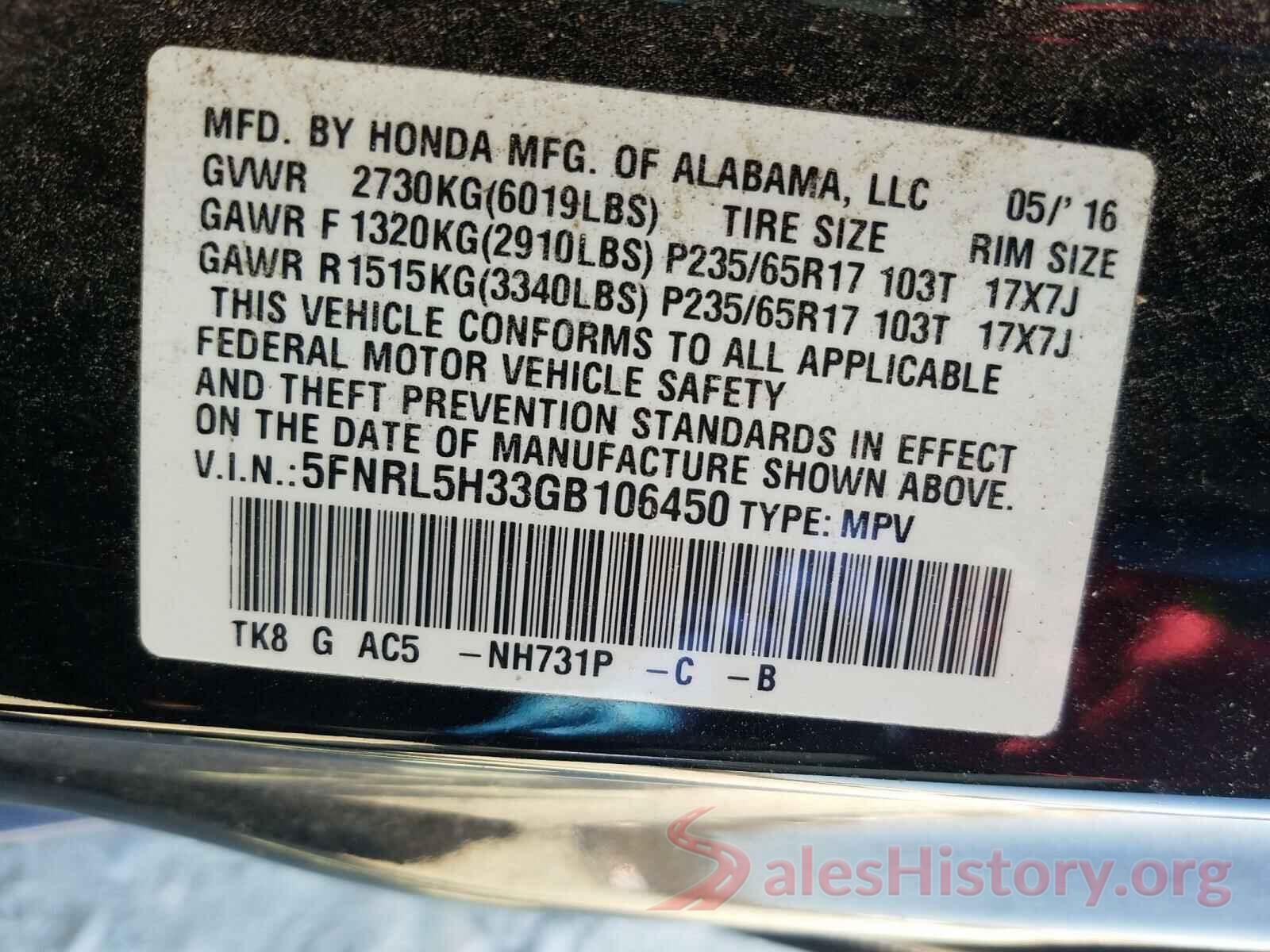 5FNRL5H33GB106450 2016 HONDA ODYSSEY