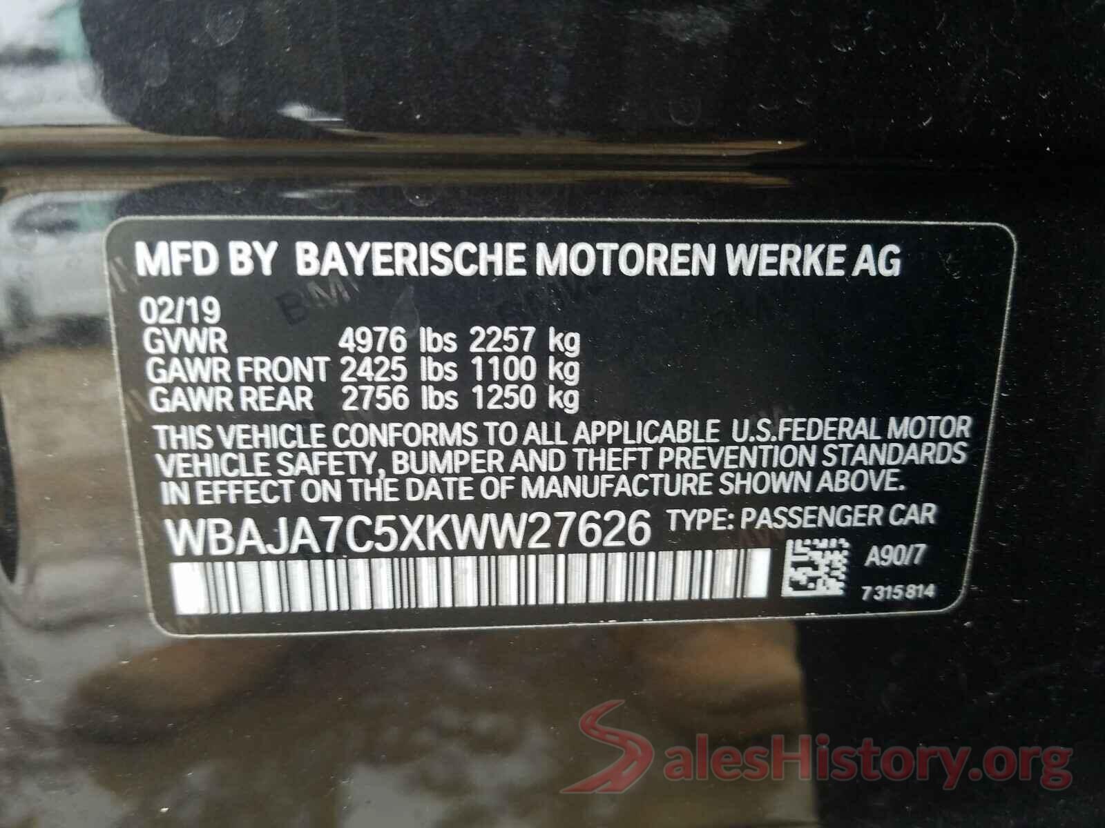 WBAJA7C5XKWW27626 2019 BMW 5 SERIES