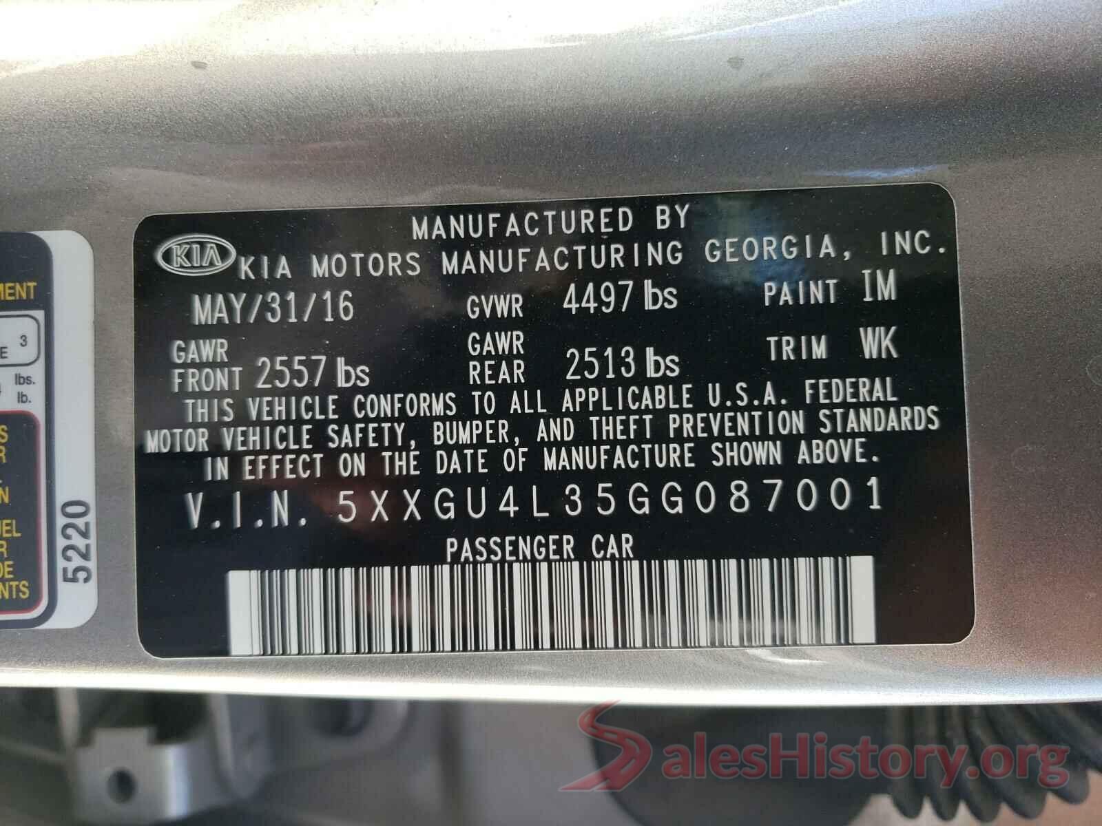 5XXGU4L35GG087001 2016 KIA OPTIMA