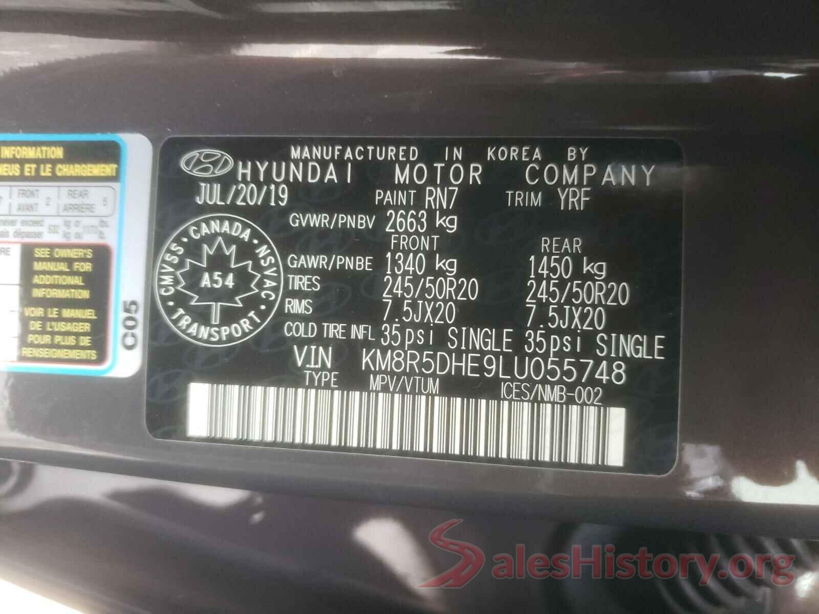 KM8R5DHE9LU055748 2020 HYUNDAI PALISADE