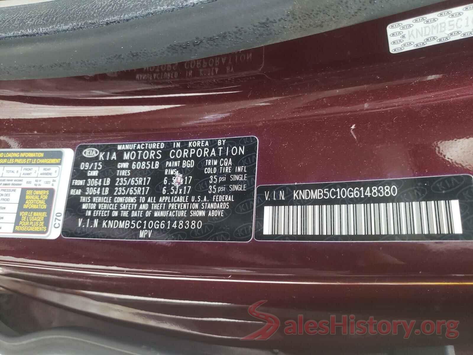 KNDMB5C10G6148380 2016 KIA SEDONA