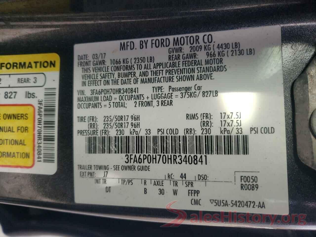 3FA6P0H70HR340841 2017 FORD FUSION