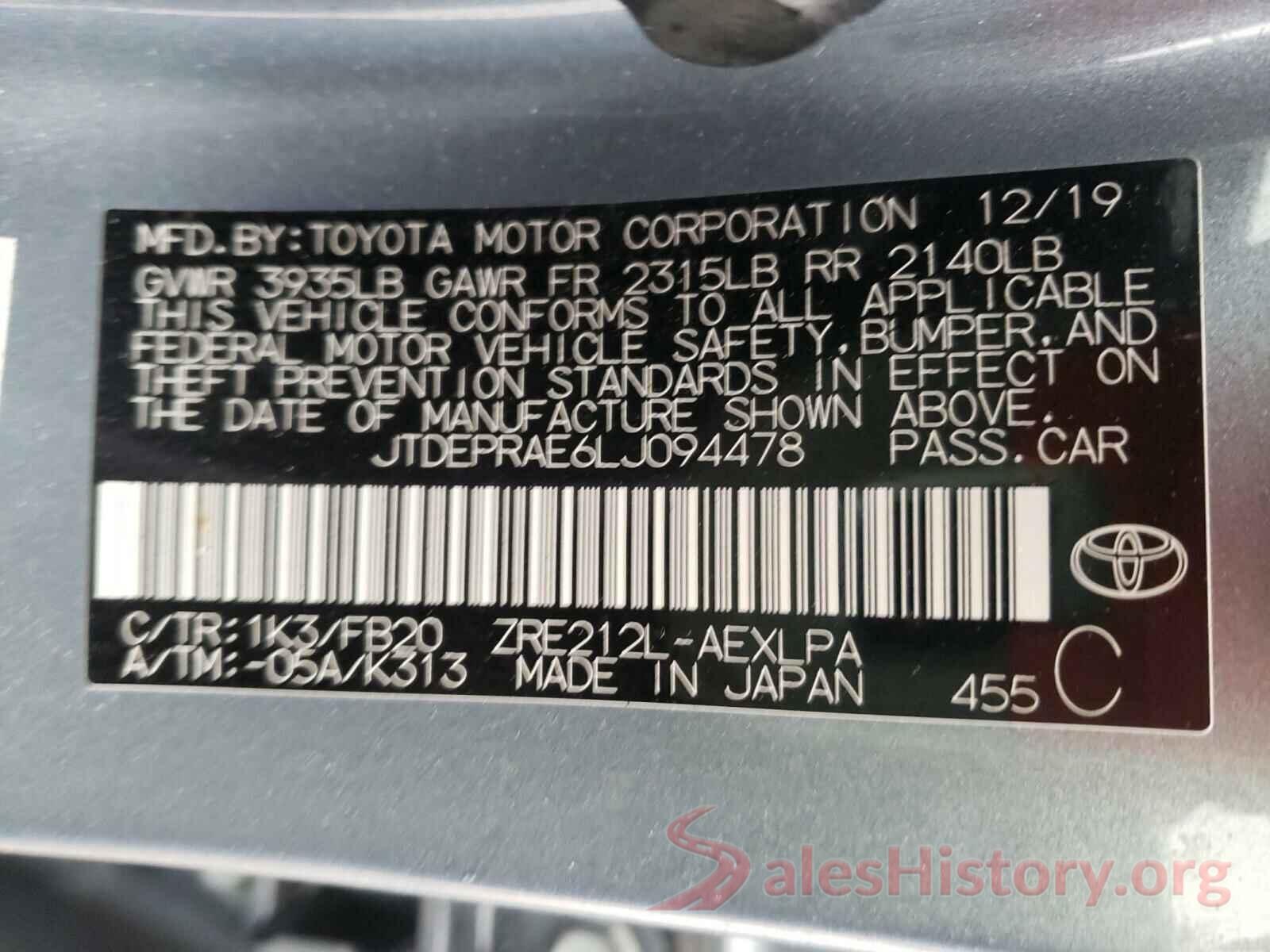 JTDEPRAE6LJ094478 2020 TOYOTA COROLLA