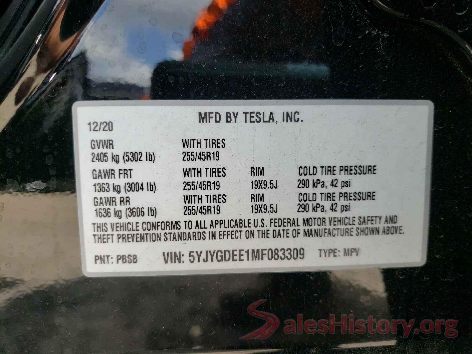 5YJYGDEE1MF083309 2021 TESLA MODEL Y