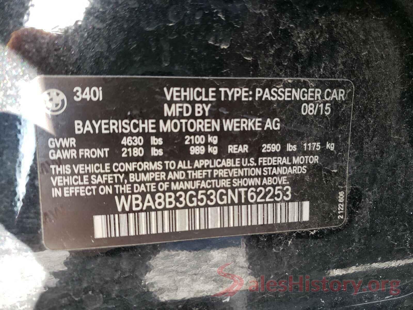 WBA8B3G53GNT62253 2016 BMW 3 SERIES