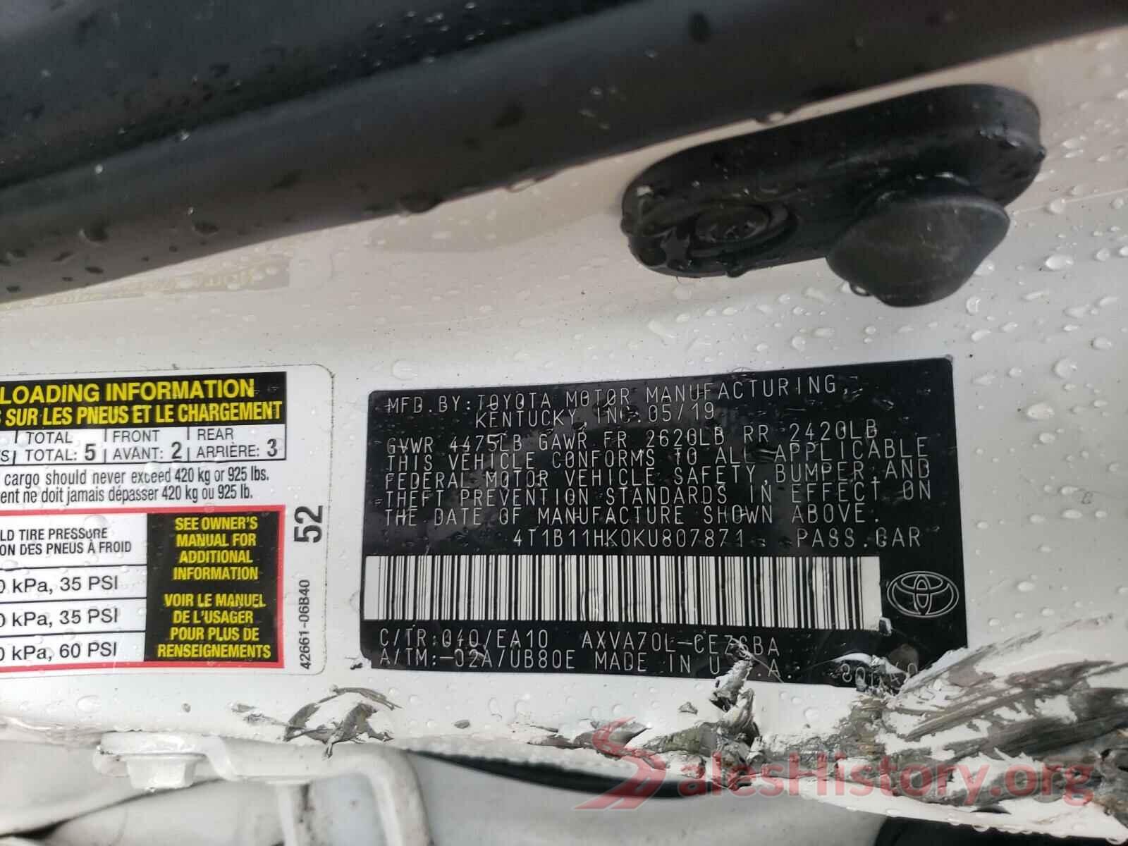 4T1B11HK0KU807871 2019 TOYOTA CAMRY