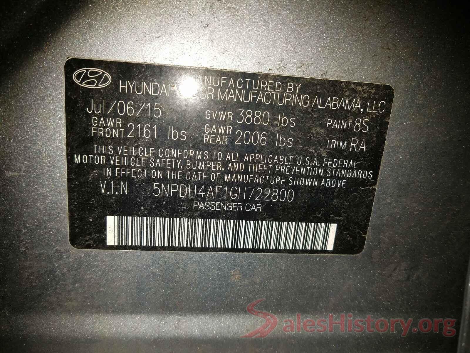 5NPDH4AE1GH722800 2016 HYUNDAI ELANTRA