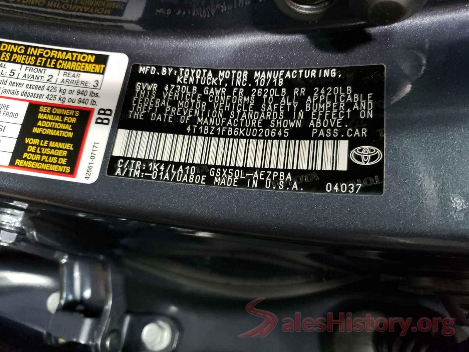 4T1BZ1FB6KU020645 2019 TOYOTA AVALON