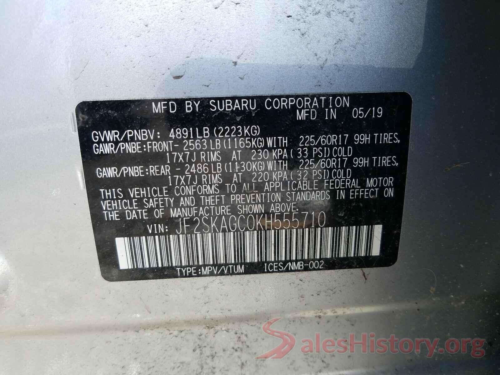 JF2SKAGC0KH555710 2019 SUBARU FORESTER