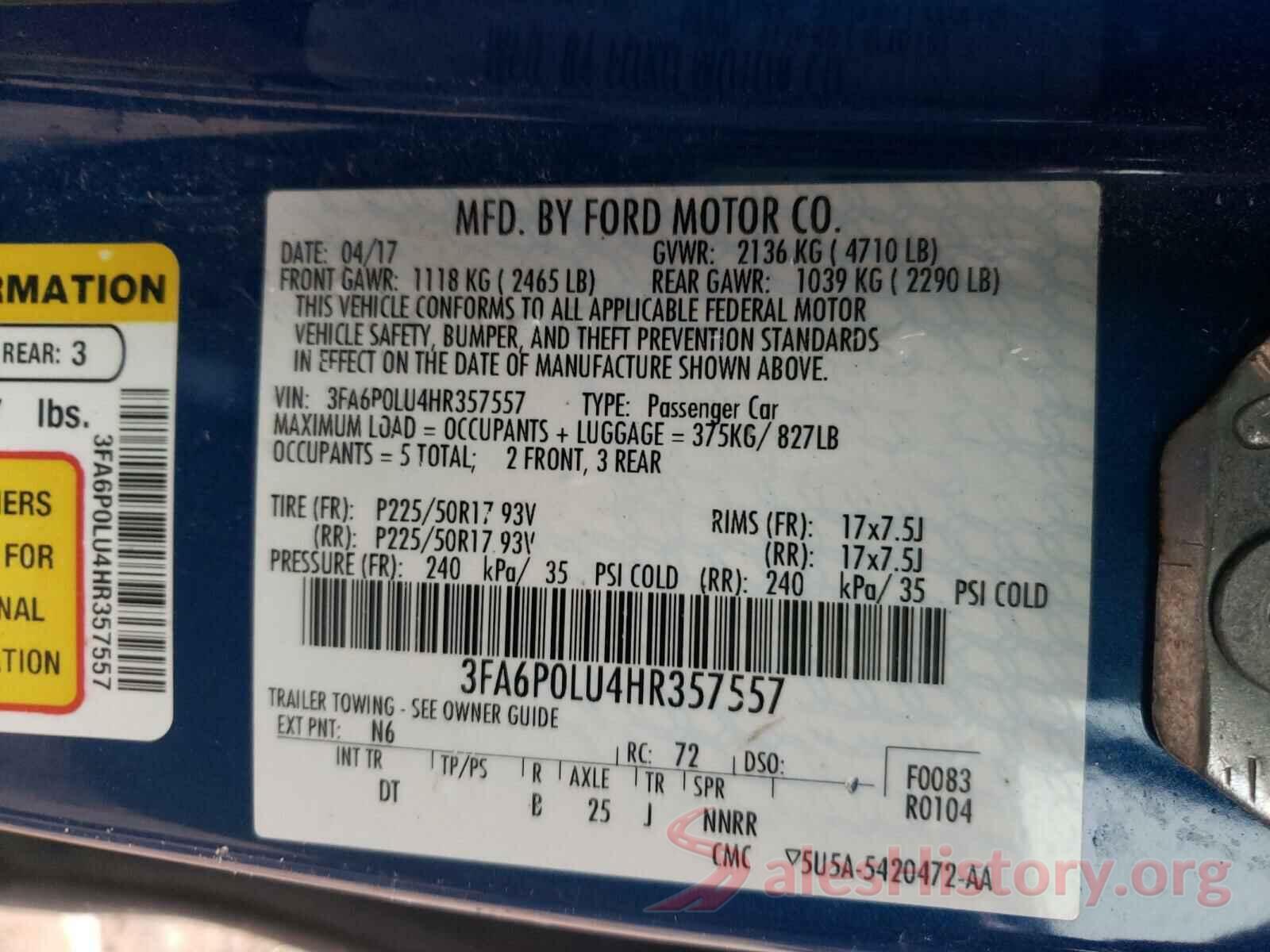 3FA6P0LU4HR357557 2017 FORD FUSION