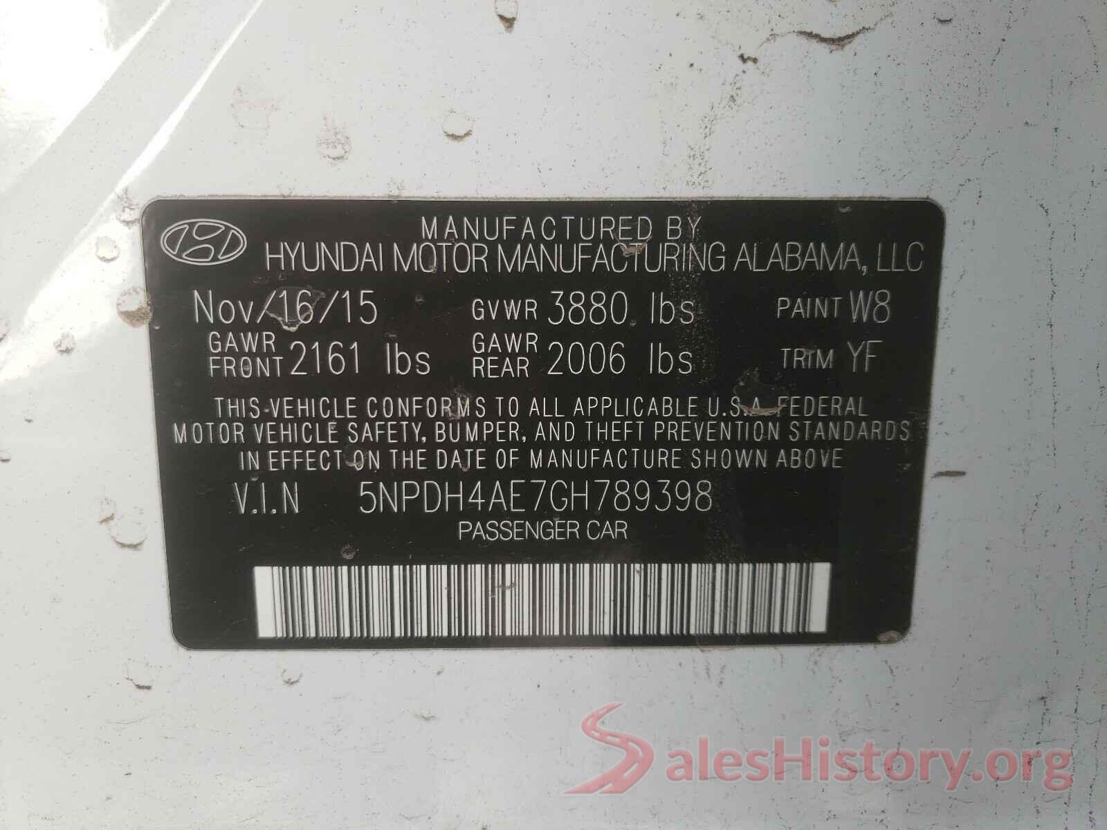 5NPDH4AE7GH789398 2016 HYUNDAI ELANTRA