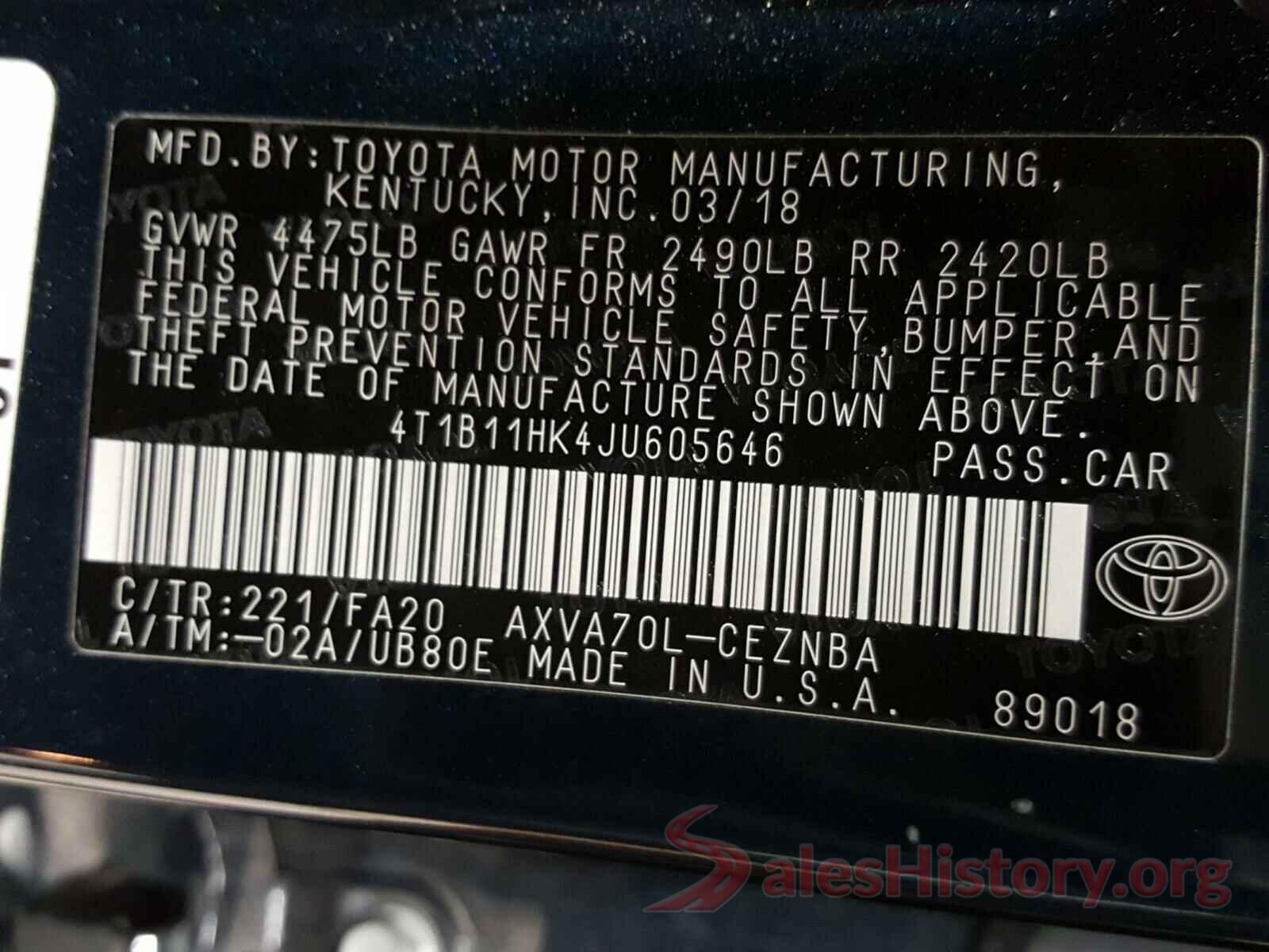 4T1B11HK4JU605646 2018 TOYOTA CAMRY