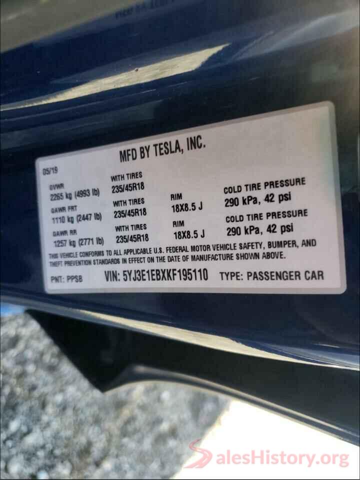 5YJ3E1EBXKF195110 2019 TESLA MODEL 3