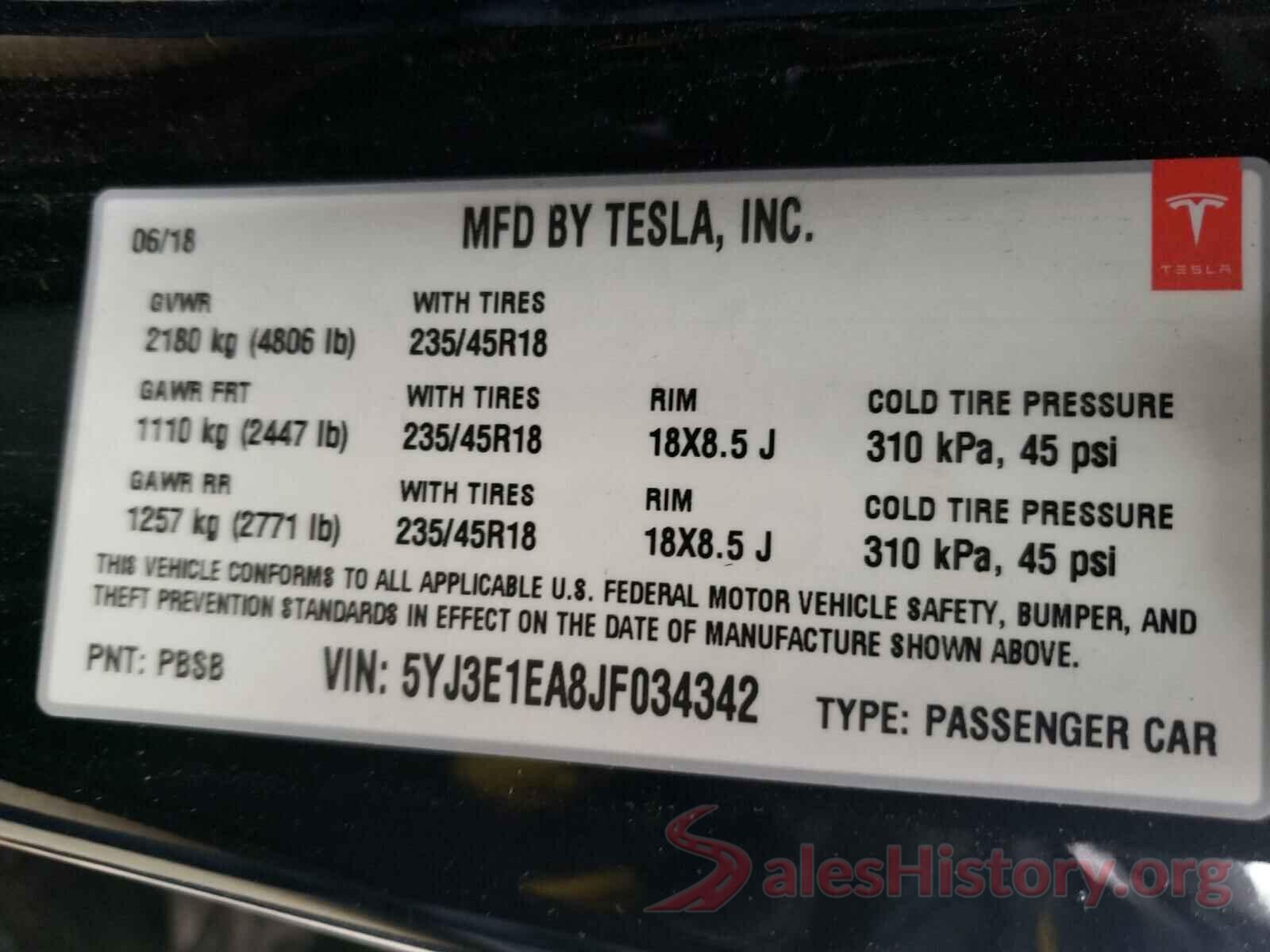 5YJ3E1EA8JF034342 2018 TESLA MODEL 3