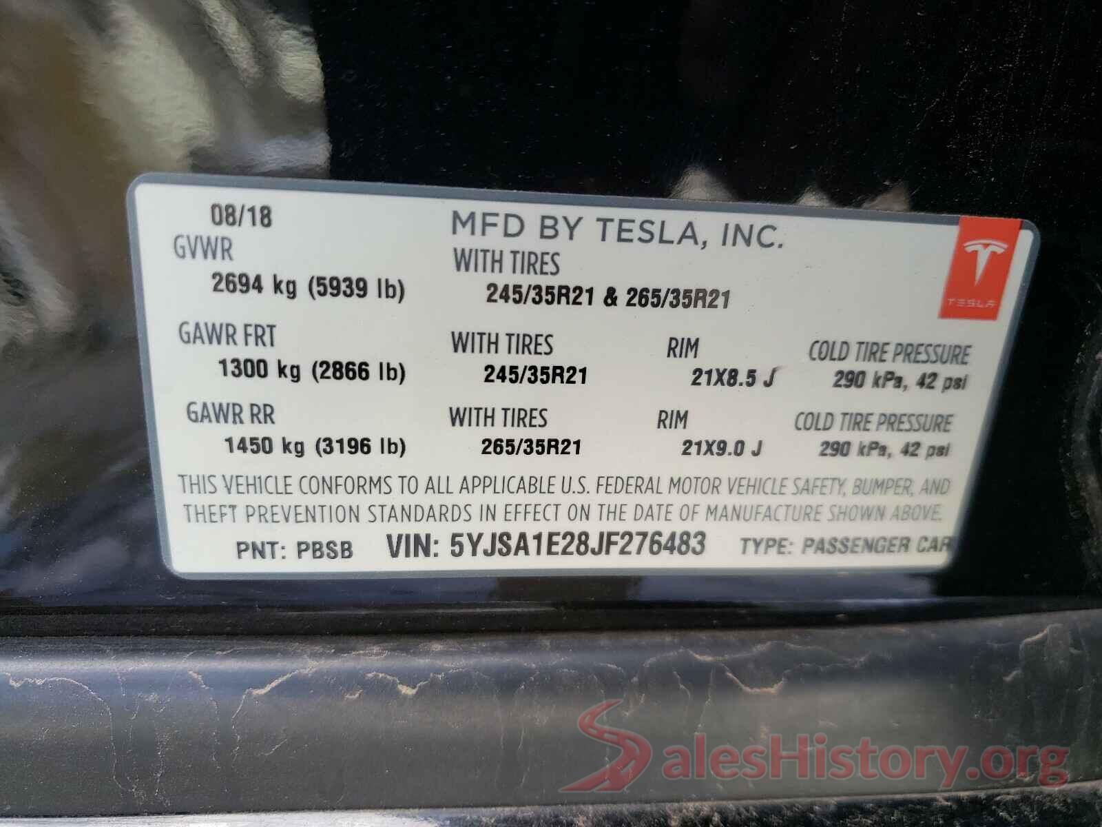 5YJSA1E28JF276483 2018 TESLA MODEL S