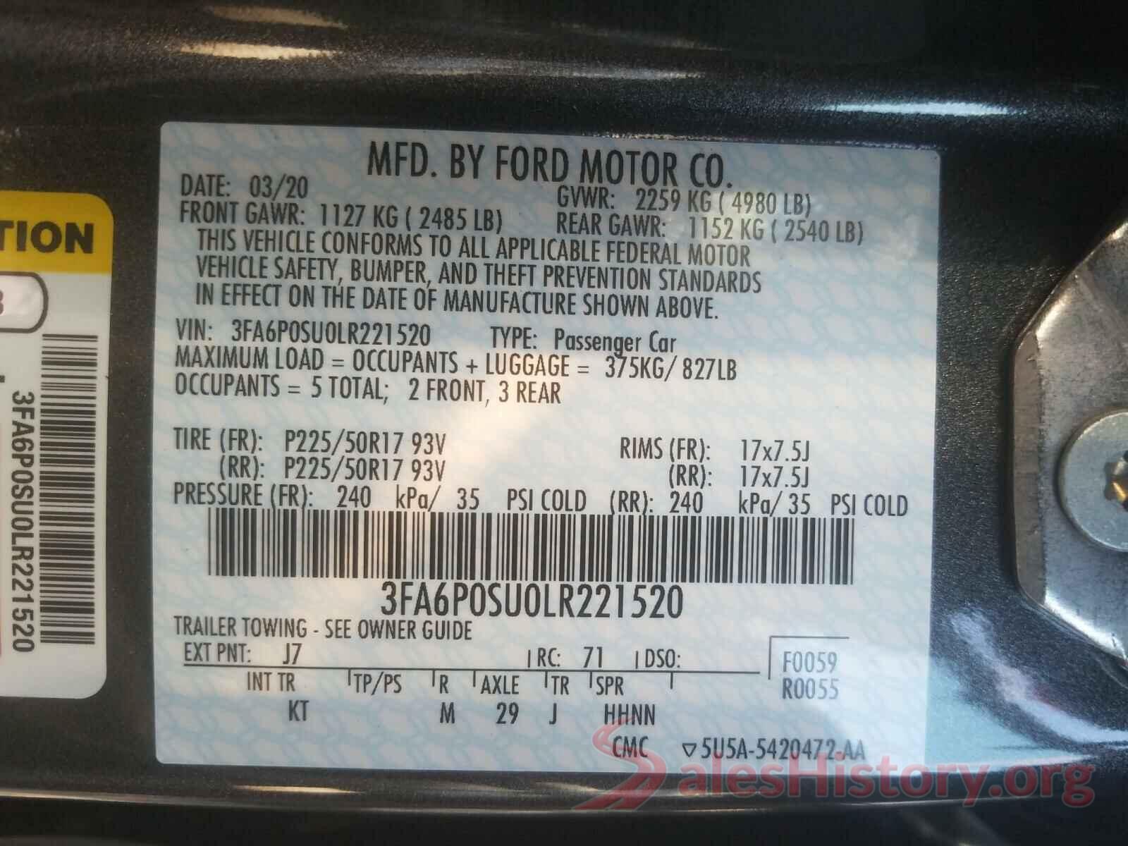 3FA6P0SU0LR221520 2020 FORD FUSION