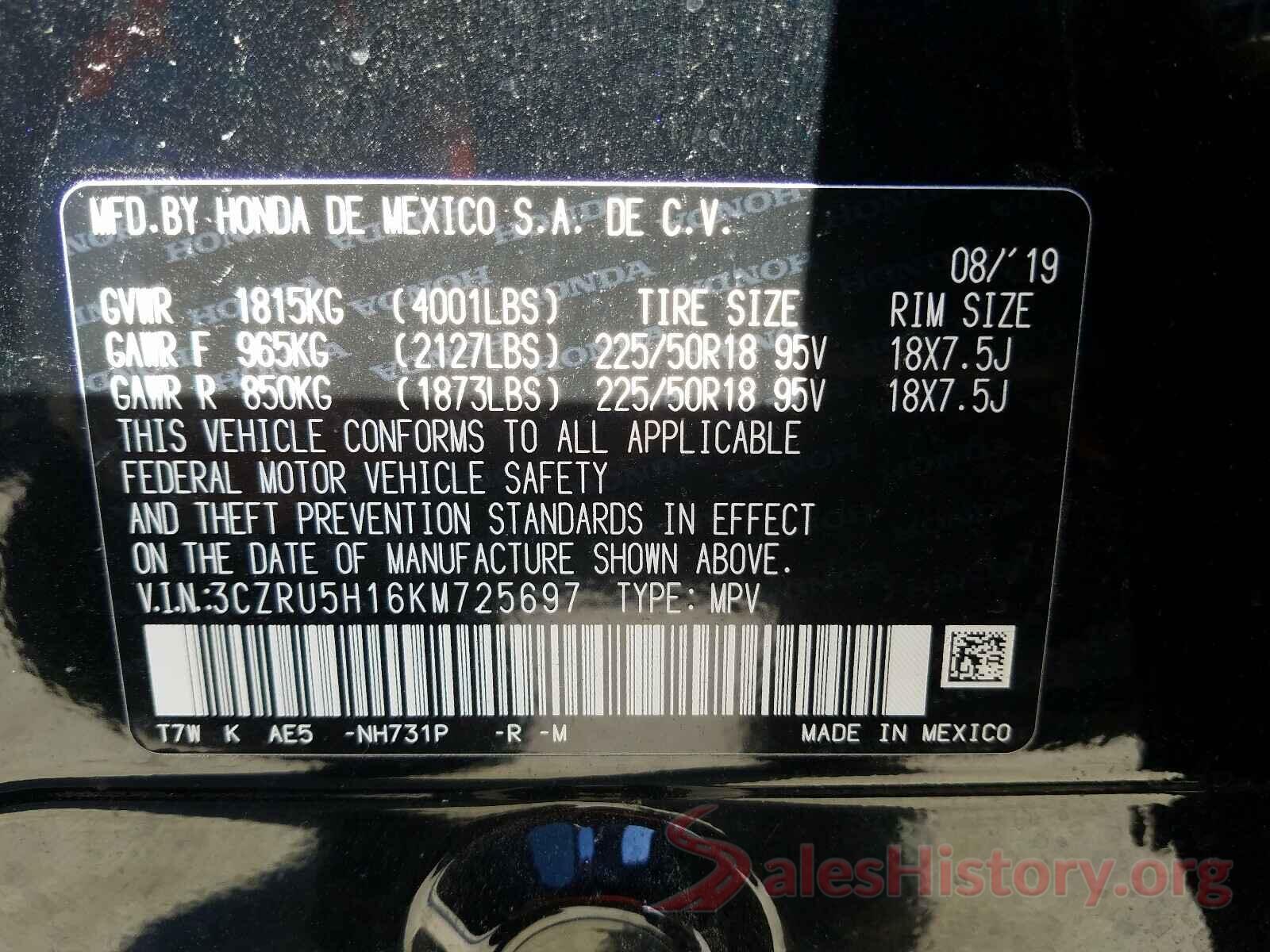 3CZRU5H16KM725697 2019 HONDA HR-V