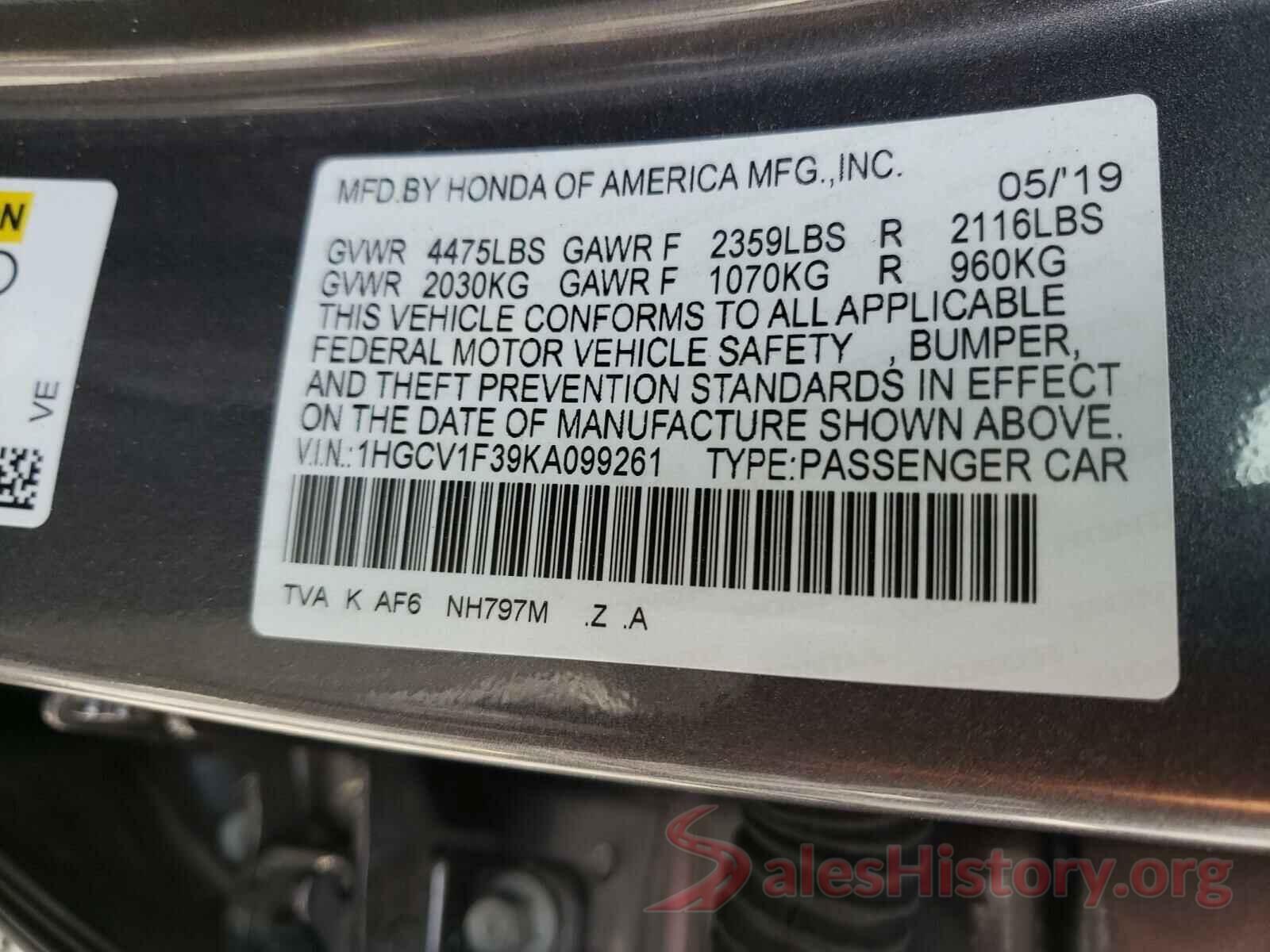 1HGCV1F39KA099261 2019 HONDA ACCORD