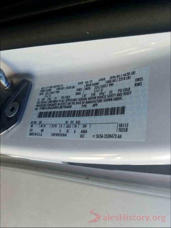 1FMCU0GD8KUB76408 2019 FORD ESCAPE