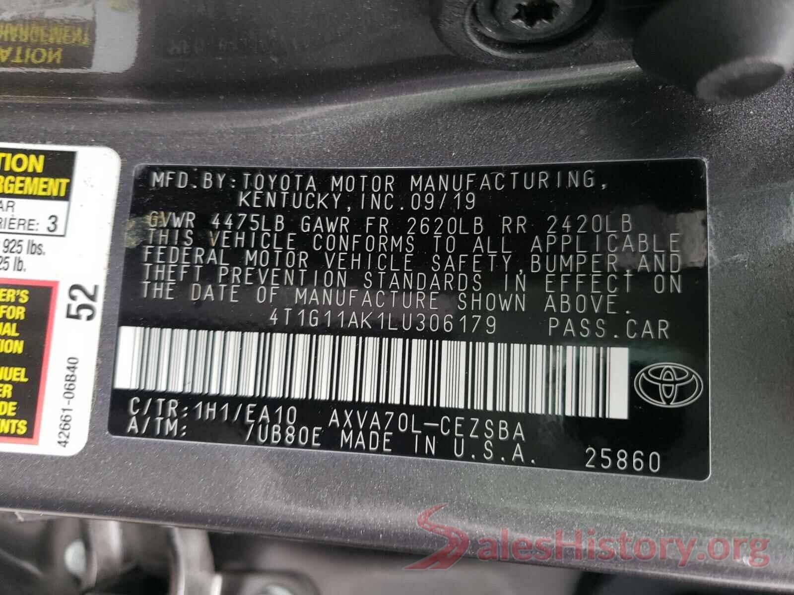 4T1G11AK1LU306179 2020 TOYOTA CAMRY