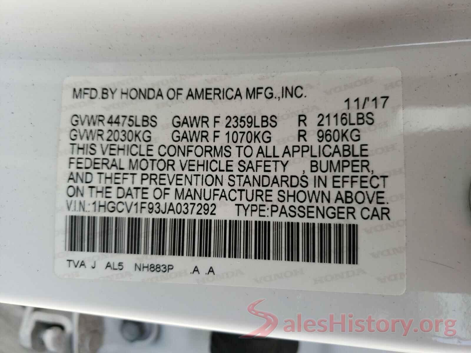 1HGCV1F93JA037292 2018 HONDA ACCORD