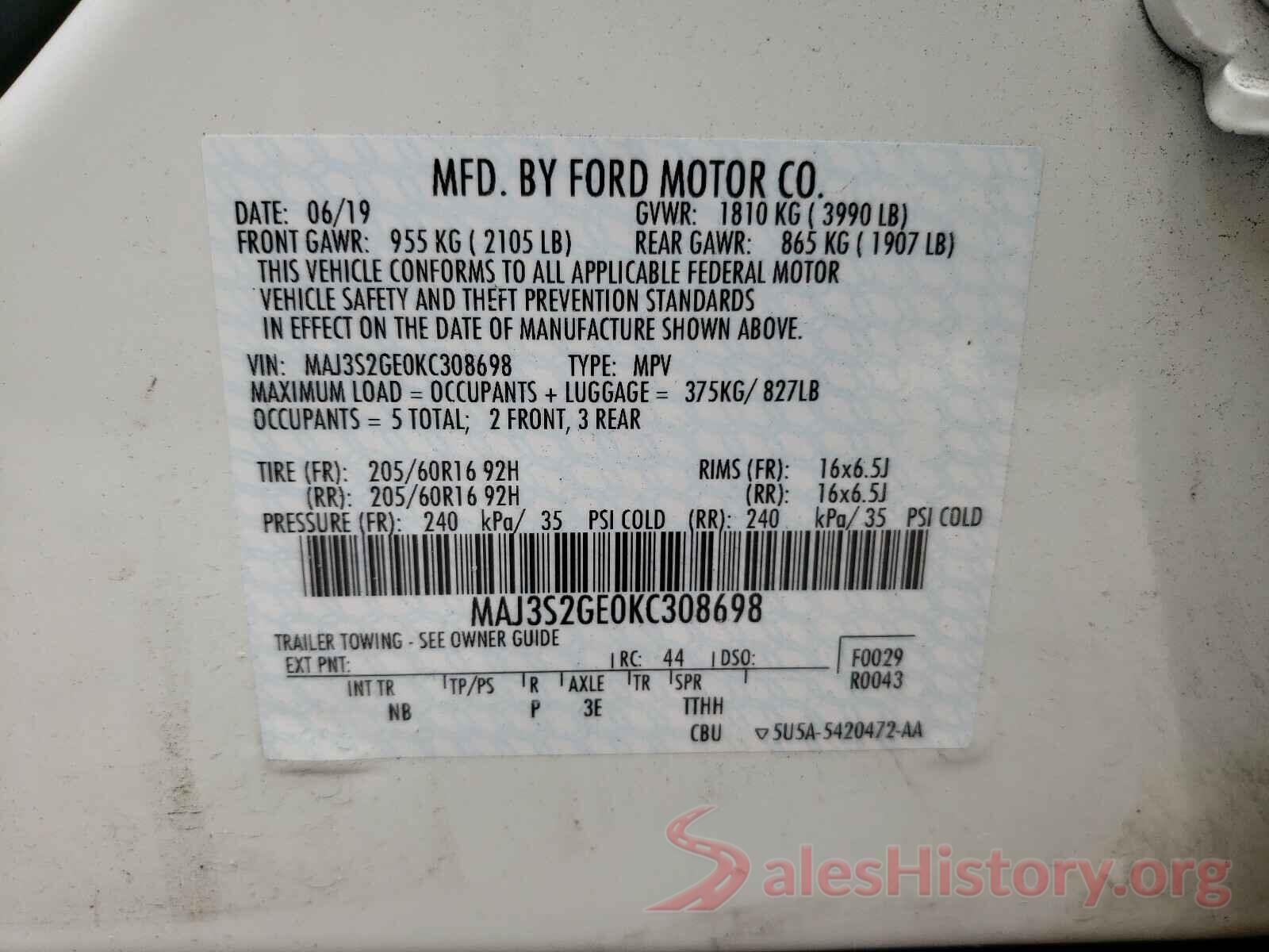 MAJ3S2GE0KC308698 2019 FORD ALL OTHER