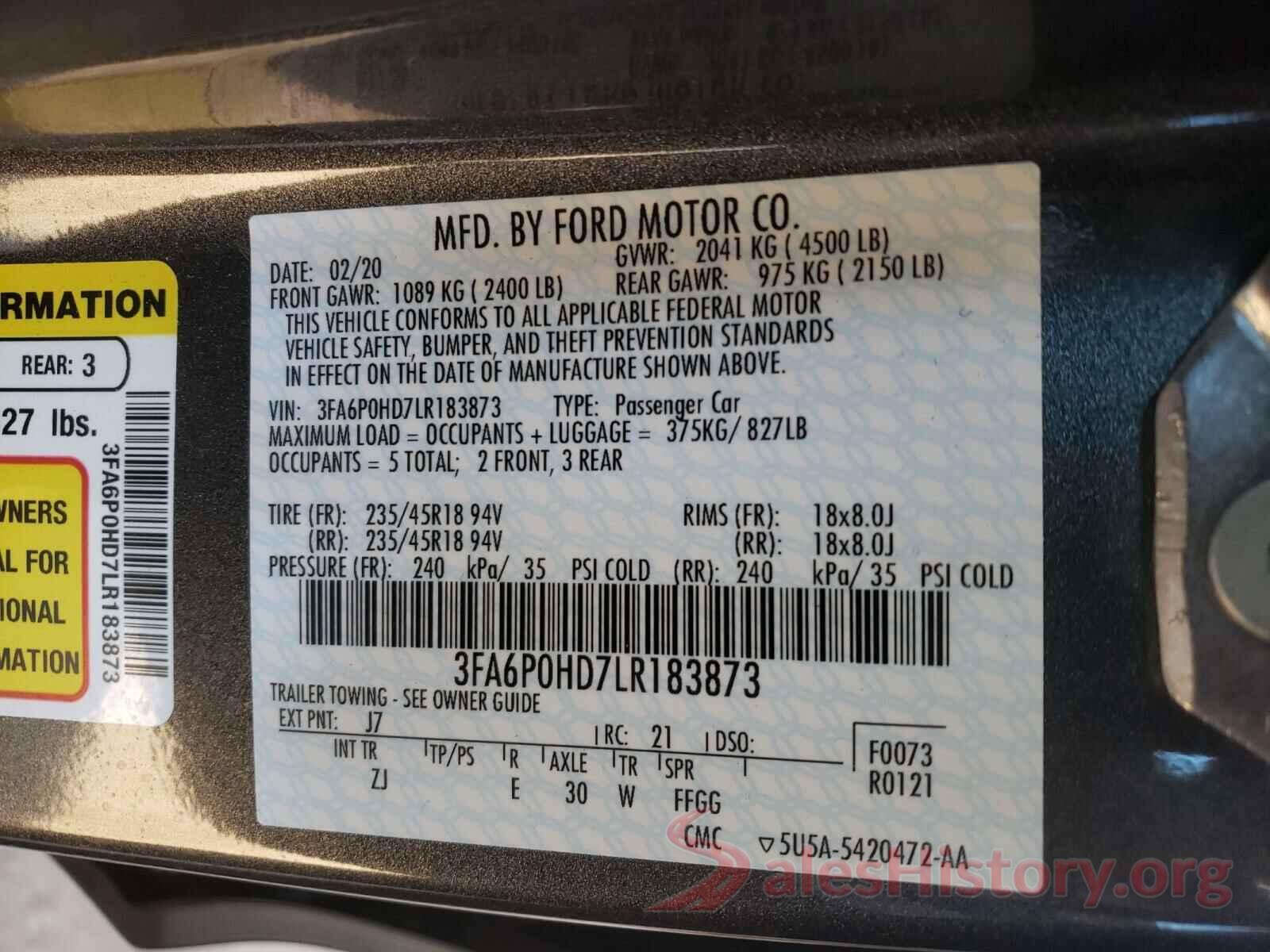 3FA6P0HD7LR183873 2020 FORD FUSION